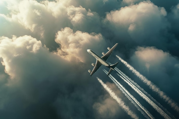Vista superior de un avión volando por encima de las nubes plan de avión dejando atrás un rastro de avión