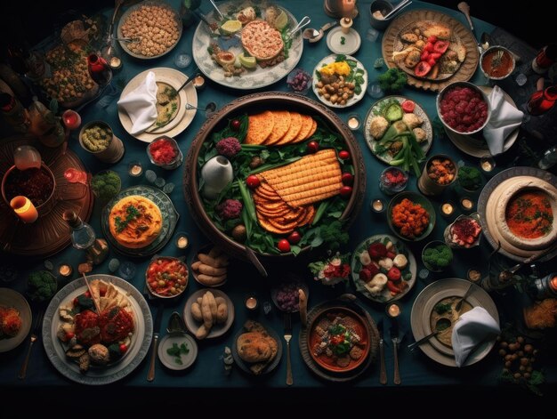 Vista superior de un banquete con comida en una mesa de madera