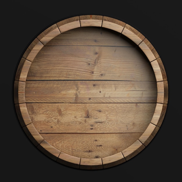 Vista superior del barril de madera aislada sobre un fondo negro Ilustración 3D