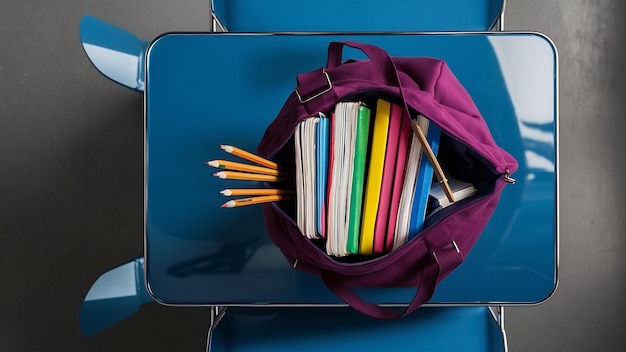 Foto vista superior bolsa púrpura con cuadernos y lápices en el escritorio azul