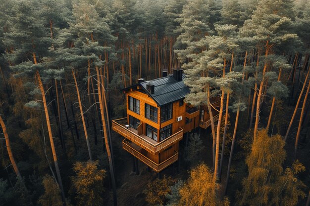 vista superior de un bosque de árboles altos casa de madera en un