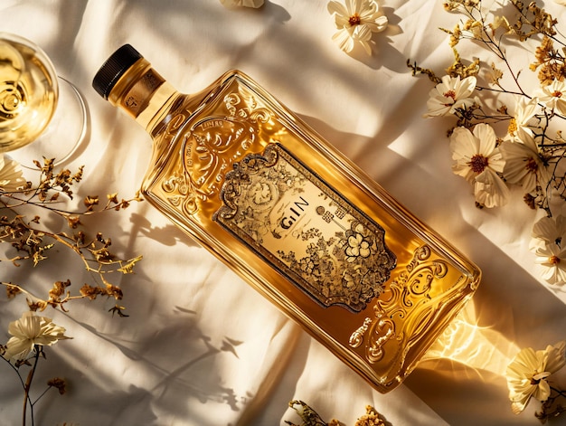 vista superior de una botella de whisky con una maqueta de etiqueta dorada en la mesa con flores y sombras