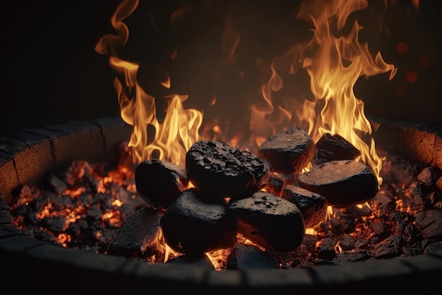 Vista superior de las briquetas de carbón en llamas calientes que brillan intensamente en la generación de IA del hoyo de la parrilla para barbacoa