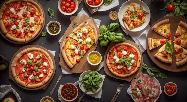 Vista superior del buffet de deliciosas pizzas recién preparadas y platos de cocina europea Variedad de pizzas en la mesa del restaurante AI generativa