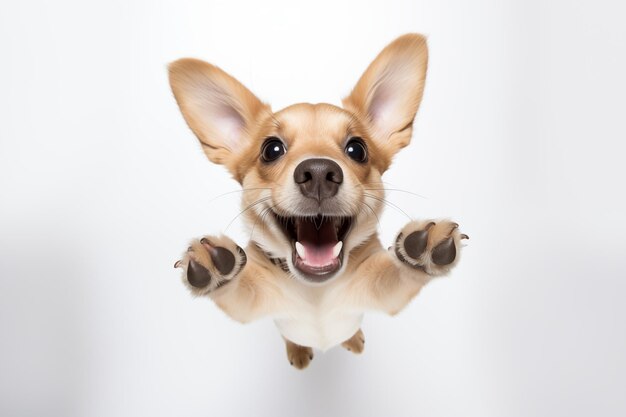 Foto vista superior de un cachorro lindo feliz jugando con la cabeza hacia arriba aislado en un fondo blanco