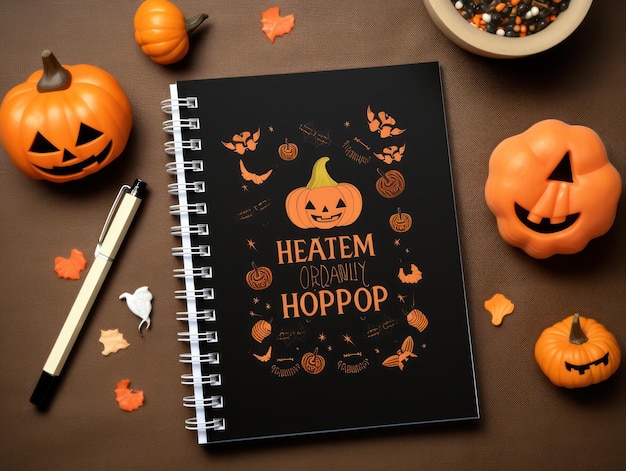 Vista superior Caderno em branco em mesa de madeira com folhas de outono de abóbora de decoração tradicional de Halloween e w