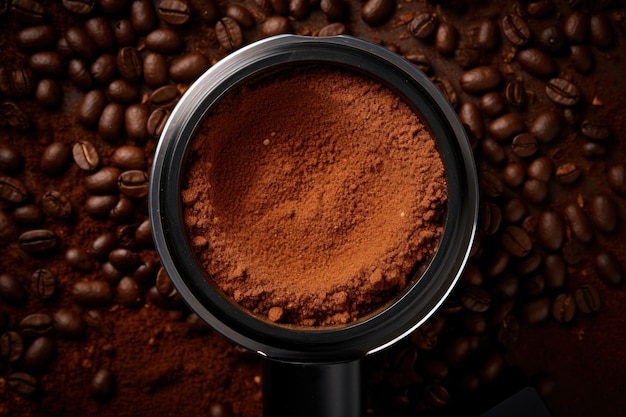 Vista superior del café molido en un portafiltro sobre el fondo de los granos de café
