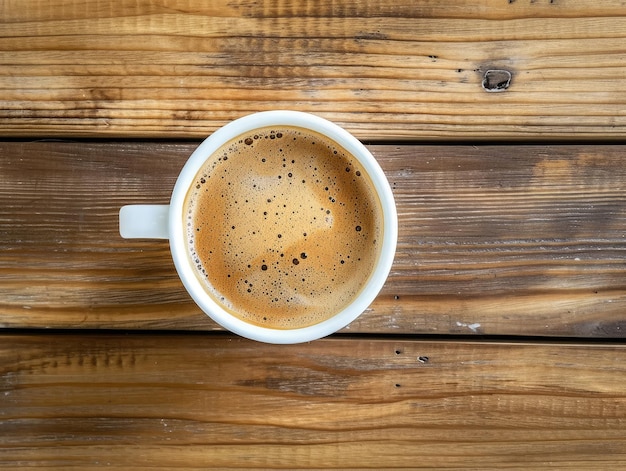 Vista superior Café con taza blanca en la mesa de madera