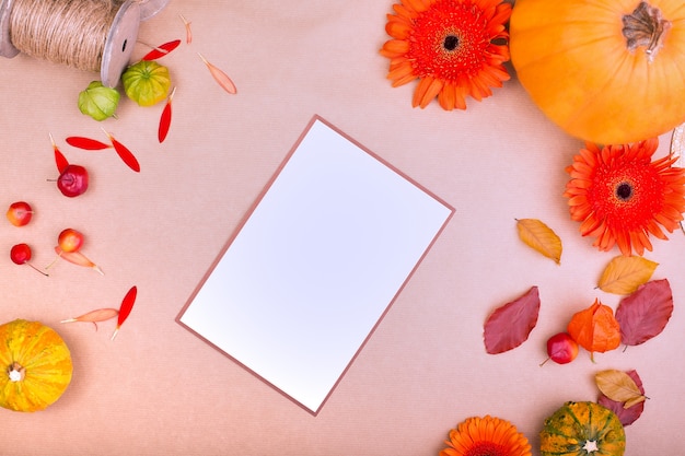 Vista superior de la caja de regalo de artesanía, flores amarillas y naranjas y calabazas sobre fondo rosa. Tarjeta de felicitación en blanco para el diseño de trabajo creativo. aplanada