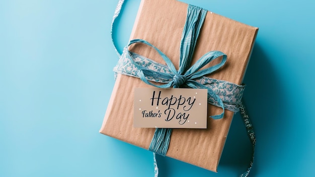 Foto vista superior de una caja de regalos sobre un telón de fondo azul escrita con feliz día del padre con un gran espacio para texto o publicidad de productos ia generativa
