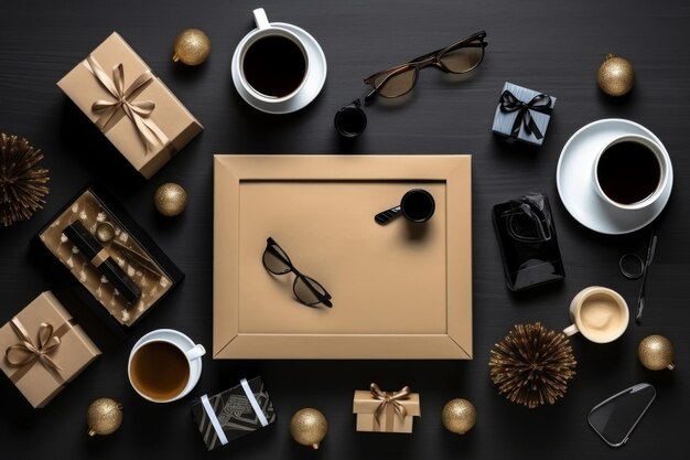 Vista superior de cajas de regalos, tazas de café y decoraciones navideñas en el fondo negro, Cyber Monday, Black Friday, venta de Navidad en el fondo con espacio de copia, concepto de compra navideña en línea.