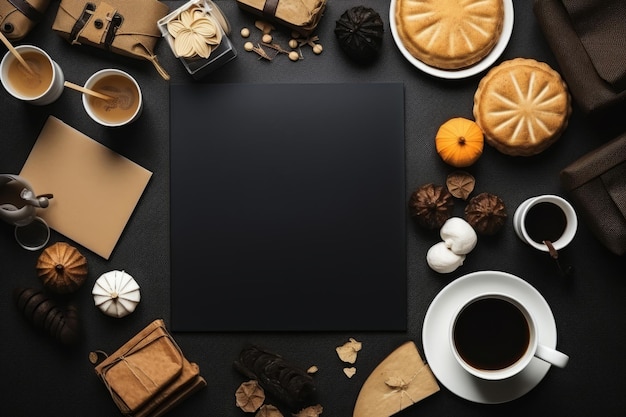 Vista superior de cajas de regalos tazas de galletas de café y decoraciones navideñas en el fondo negro cibernético