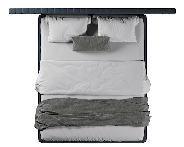 Vista superior de una cama doble con cabecera y manta