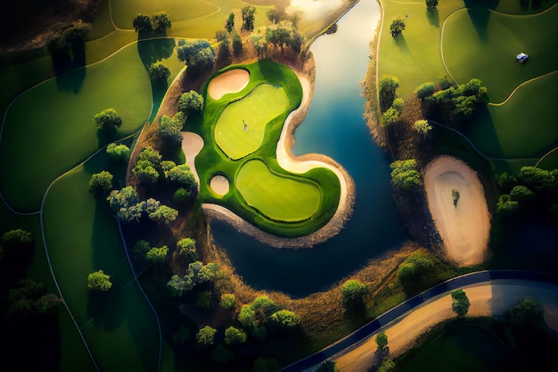 Vista superior del campo de golf Vista aérea de césped verde y árboles en un campo de golf AIxA generativo