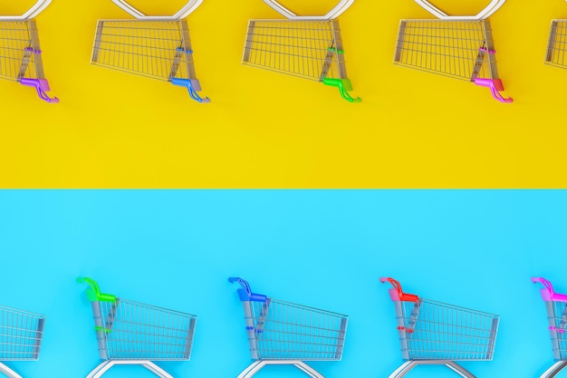 vista superior del carrito de compras vacío en la ilustración 3d de fondo de color