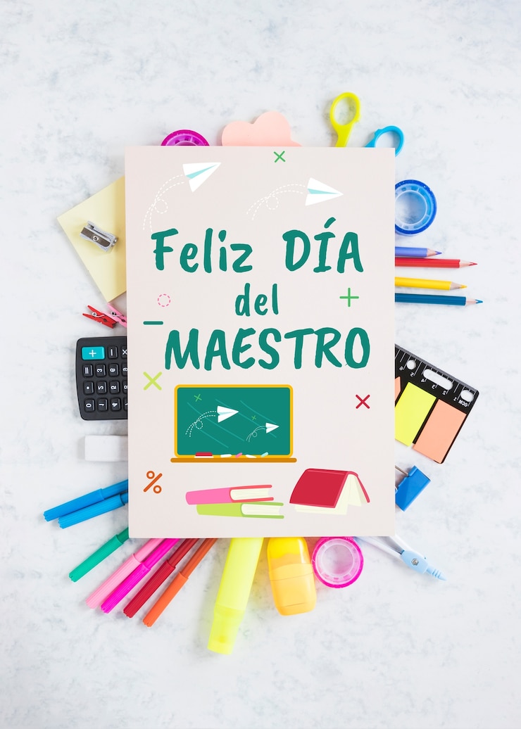 Foto vista superior de la celebración del día del maestro con suministros.