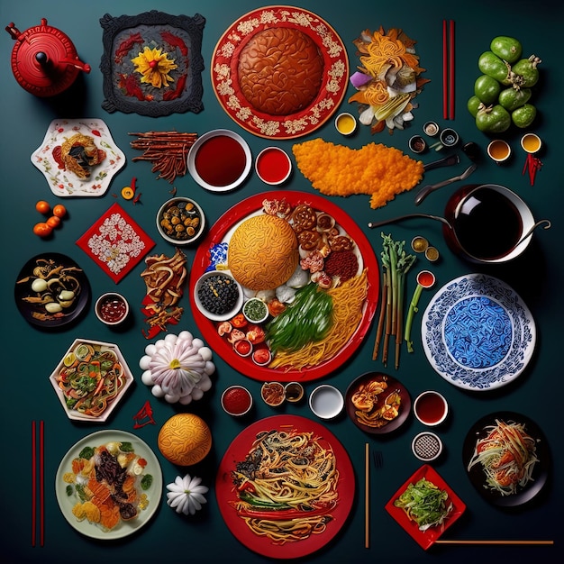 Vista superior de la cena de mesa fotografía china de Knolling de la cena china año nuevo vibrante comida tradicional vietnamita en el lado del campo Flat lay