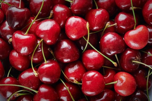 Vista superior de cereza dulce fresca madura Cereza dulce Fondo de cereza roja jugosa con espacio de copia Vista de cerca Concepto vegano y vegetariano Cosecha de bayas orgánicas frescas