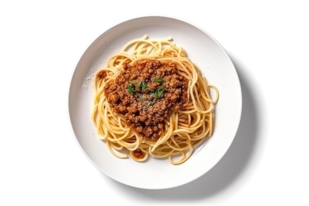 Vista superior de champiñones veganos y boloñesa de nuez en un plato redondo blanco Fondo blanco IA generativa