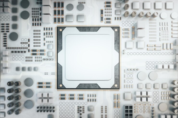 Foto vista superior del chip de circuito en la placa base
