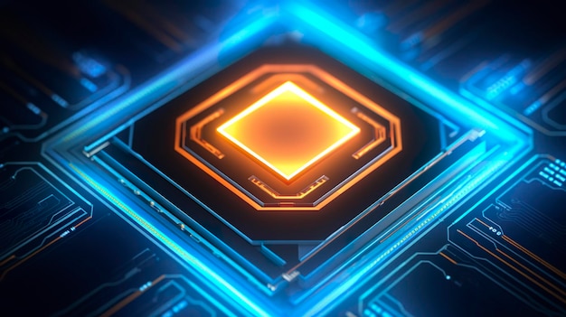 Vista superior de un chip con luz brillante y niebla en naranja y azul AI generativo