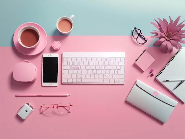 Vista superior chique e organizada da mesa de escritório rosa com espaço para texto