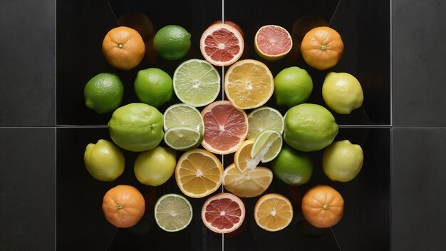 Foto vista superior de los cítricos como la lima mandarina y otros en superficie negra