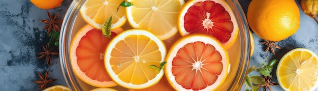 Vista superior Citrus Punch com fatias de laranjas e limões Banner para Web Generative AI