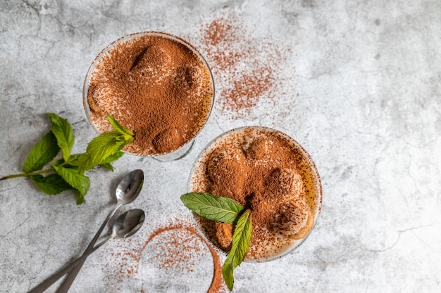 Vista superior del clásico postre de tiramisú con galletas de cacao y savoyardi en arándanos decorados con vidrio y menta en gris