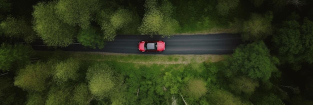 Vista superior de un coche un coche conduciendo por una carretera estrecha en el bosque IA generativa