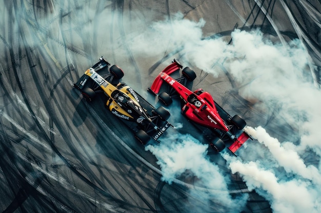 vista superior del coche de F1 a la deriva de la pista de carreras de automóviles