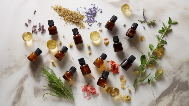 Una vista superior de una colección de aceites esenciales dispuestos sobre una mesa de piedra blanca Ideal para promover la aromaterapia y los remedios naturales IA generativa