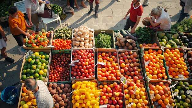 Vista superior de un colorido mercado de alimentos con varias frutas y verduras en exhibición