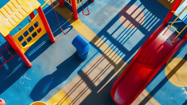 Foto vista superior de un colorido patio de recreo con un tobogán y un cubo de basura el patio de recreo está hecho de goma y tiene una superficie azul y amarilla