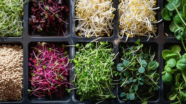 Vista superior com uma faixa de diferentes tipos de brotos de vegetais com um grande espaço para texto ou publicidade de produto IA geradora