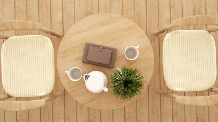 Foto vista superior del comedor en cafetería o restaurante - representación 3d