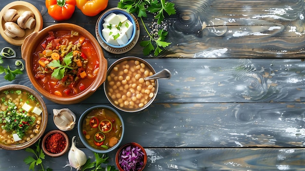 Vista superior de comida deliciosa y saludable en una mesa de madera rústica