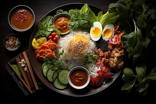 Vista superior de la comida indonesia con varios tipos de guarniciones y verduras en plato