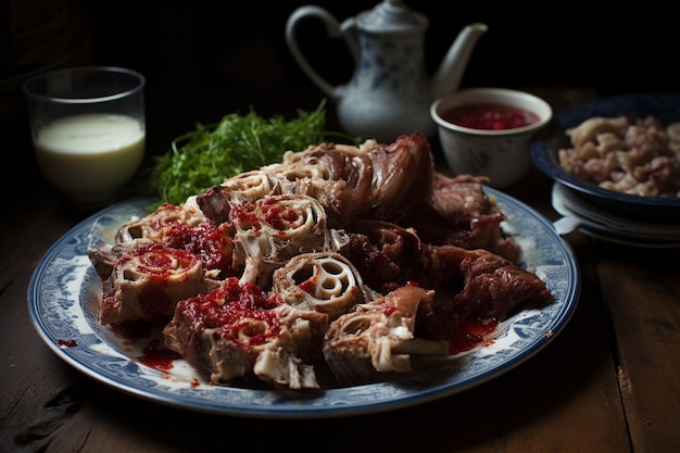 Foto vista superior de la comida tradicional asiática pato pekín con pepinos y salsa en un plato