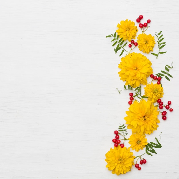 Foto vista superior de la composición de flores sobre fondo blanco de madera marco hecho de flores silvestres y bayas