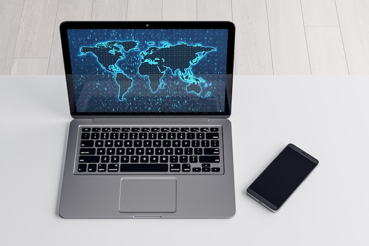 Foto vista superior de la computadora portátil y el teléfono celular en el escritorio blanco con un mapa de código binario brillante software y concepto de tecnología global representación 3d