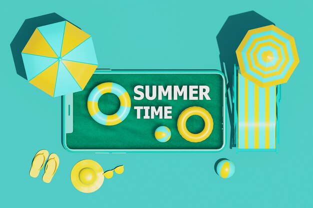 Vista superior, concepto de horario de verano en un teléfono inteligente con elementos de verano. Representación 3D