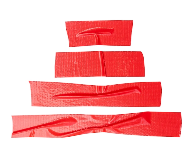 Vista superior del conjunto de cinta adhesiva vinílica roja arrugada o cinta de tela en forma de rayas aislada en blanco