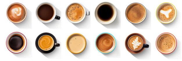 Vista superior Conjunto de papel para tirar xícaras de diferentes cafés pretos isolados em fundo branco Generative ai