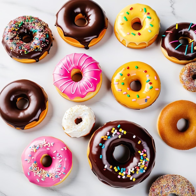 Foto vista superior de un conjunto de rosquillas frescas