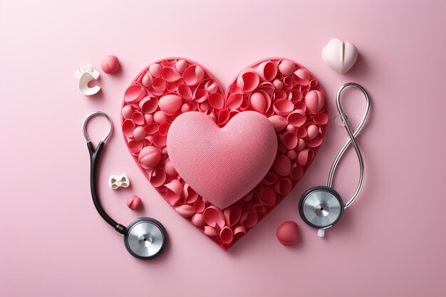 Vista superior del corazón de papel con latidos del corazón y estetoscopio para el día del corazón