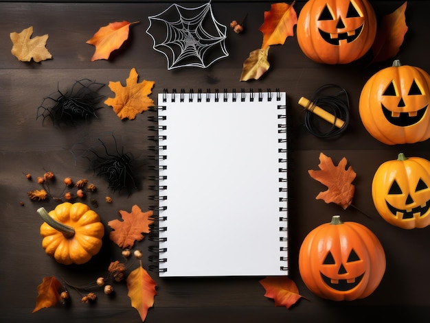 Vista superior Cuaderno en blanco en mesa de madera con hojas de otoño de calabaza de decoración tradicional de Halloween y w