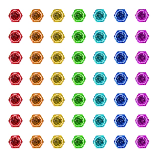 Vista superior de la cuadrícula vibrante de 49 frascos hexagonales de colores arco iris abiertos que muestran simetría organizada variedad de productos marca creativa y exhibiciones de embalaje aislados sobre fondo blanco