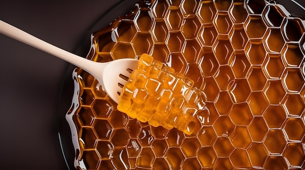 Vista superior cuchara de miel con piezas de panal de miel