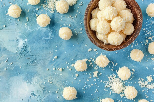 Foto vista superior de un cuenco de polvo de coco y bolas de coco sobre un fondo blanco azul